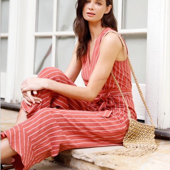 SUGAR + LIPS  Boho Chic Light Rust Striped Jumpsuit - Picture 9 of 9